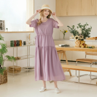 【CUMAR】抽繩收腰剪接設計短袖洋裝(藍 紫)