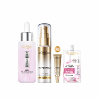 【LOREAL Paris 巴黎萊雅】淨亮白MELA淡斑精華30ml+多效防護美肌乳30ml(美白/淡斑/麥拉色鏈/防曬)