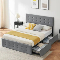 Bed Frame with 4 Storage Drawers and Adjustable Headboard, Velvet Upholstered with Wooden Slats Support, No Box Spring Needed