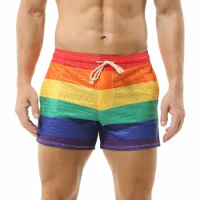 CLEVER-MENMODE Men Underwear Sexy Rainbow Boxer Shorts Trunks Mesh Bottoms See Through Boxershort Drawstring Underpants Pocket