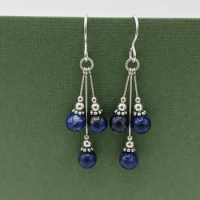 Lapis lazuli pendant earrings, lapis lazuli beaded earrings, pendant earrings