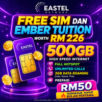 EASTEL PREPAID 500GB RM 50 [FREE SIM & EMBER TUITION] TERMASUK PLAN | FULL SPEED FULL HOTSPOT BEST V