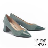 高跟鞋 HELENE SPARK 異材質拼接金屬H釦全真皮尖頭高跟鞋－綠