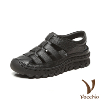 【Vecchio】全真皮頭層牛皮手工縫線魔鬼粘厚底羅馬涼鞋(黑)