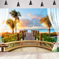 Ocean Beach Photography Backdrop Sea View Balcony Tropical Seaside Wood Bridge Sunset Background Wedding Birthday Party Poster