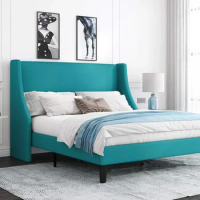 Queen Bed Frame Platform Bed Frame Queen Size with Upholstered Headboard Wood Foundation Peacock Green