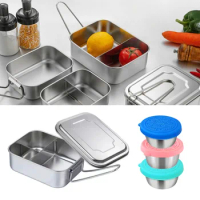 4 Pcs 3 Compartment Bento Box Set Large Capacity Stainless Steel Lunch Box with Handle Silver Condiment Containers Travel