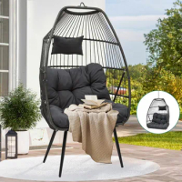 2 in 1 Egg Chairs with Stand Hanging Swing Rattan Wicker Chairs with Cushions Outdoor Chairs for Patio, Garden, Backyard, Porch