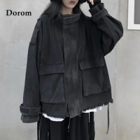 Vintage Black Denim Jacket Women Korean Casual Big Pocket Zip-up Long Sleeve Loose Oversize Jacket Outwear Y2K Gothic Jean Coat
