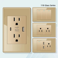 American Standard Dual Wall Usb Plug Socket,Household Mexico US Tempered Glass light Switch outlet Adapter Type-c Fast Charging