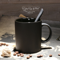 歐式陶瓷黑色啞光馬克杯子顏值超高創意約磨砂咖啡杯帶勺水杯