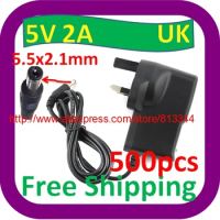 500 pcs Free Shipping AC 100-240V to DC 5V 2A Switching Power Supply Converter Adapter UK Plug 5.5mm