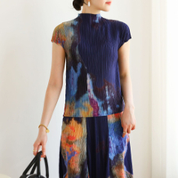 3714 One Size (45-75kg) Summer Sanzhai Pleated Printing And Dyeing Fashion Half Turtleneck T-Shirt M