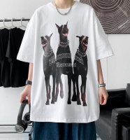 FINDSENSE X 韓潮 男士 美式復古杜賓犬 寬鬆五分袖大尺碼 短袖T恤