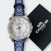 【COACH】Boyfriend 經典LOGO緹花織布晶鑽腕錶34mm(銀/丹寧藍色)