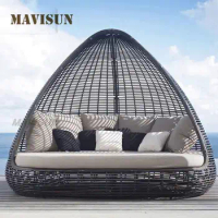 New Open-Air Rattan Round Bed Leisure Rattan Lounge Chair For Balcony Sofa Combination Beach Recliner Outdoor Furniture Set
