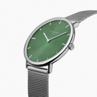 【Nordgreen】ND手錶 Native 本真 36mm 月光銀殼×橄欖綠面 月光銀米蘭錶帶 網格鈦鋼錶帶(NR36SIMESIOG)