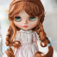 Blythe Doll Wig 10-11 inches Braids Twin Tails Reddish Brown Long French Curly Wig for Blythe American Girls and More