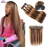 Ishow Highlight Human Hair Bundles With Frontal Ombre Hair Locks With Closures Brazilian Straight Ha