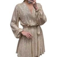 Women Dress V Neck Long Sleeve High Slit Sequin Mini Dresses Nightclub Evening Gowns Lady Elegant Dresses