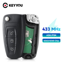 KEYYOU 434MHz Replacement Car Remote Flip Key ASK / FSK Fob 3 Button For Ford C-Max S-Max Focus MK3 Grand Mondeo 2010-2018 HU101