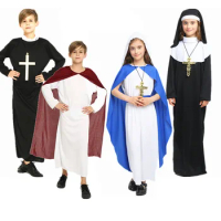 Halloween Children Medieval Missionary Robe Cosplay for Father Children Priest Nun Missionary Costume Sets Kids Dress