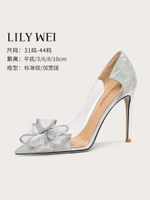Lily Wei網紅高跟鞋氣質名媛蝴蝶結水晶鞋大碼單鞋女41一43設計感