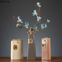 Chinese Retro Ceramic Vase House Hollow Window Flower Arrangement Hydroponics Flower Vase Home Decoration Ceramic Crafts