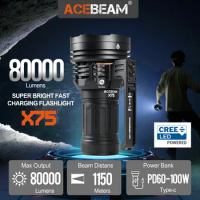 ACEBEAM X75 Max 80,000 High Lumens Brightest Flashlight, USB PD60W-100W Fast Charging Flashlight with 1150 Meters Beam Throw