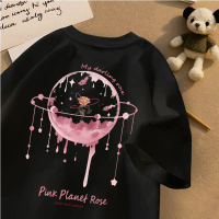 Kaos Oversize Gaya Korea Kaos Lengan Pendek| Motif Bunga Mawar Planet Pink| Lucu & Aesthetic| Bahan 