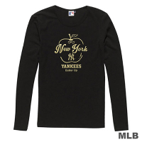 MLB-紐約洋基隊大蘋果印花長袖T恤-黑 (女)