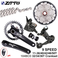 ZTTO MTB Bike 9 Speed Shifter Groupset Derailleur 1x9 Speed Cassette 11-36T/40/42/46/50T 9S Chain Single Crankset BSA68 BB92