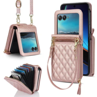 For Motorola Razr 40 Ultra Case Fashion Crossbody Lanyard Leather Zipper Wallet Cards Slot Strap Holder Folding Shockproof Cover