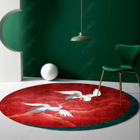 圓形地墊 新中式地毯時尚國風紅色仙鶴客廳茶幾墊書房臥室床邊圓形電腦椅墊~青木鋪子