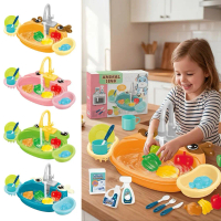 Kids Kitchen Sink Toys Electric Dishwasher Playing Toy With Running Water Pretend Play Food U8N9