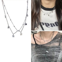 Star-Shaped Beads Link Chain Necklace Fashionable Neck Jewelry Y2K Star Necklace Double Layer Star Choker Gift for Girls