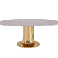 Medium White Marble Countertop Luxury Brass Bottom Oval Dining Table