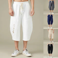 Men'S Summer Linen Casual Pants Embroider Cotton Cropped Pants Linen Trousers Casual Sports Chinese Style Cotton Linen Pants