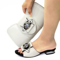 Fashionable White Low Heel 2.5CM Women Shoes Match Bag With Rhinestone Decoration African Handbag Set CR528