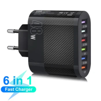 EU US Plug 48W 6 Ports USB Charger Fast Charging QC 3.0 Travel Charger For iPhone 14 Samsung Xiaomi Huawei Mobile Phone Adapter
