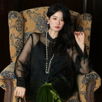 新中式襯衫桑蠶絲對開襟黑色百搭打底襯衣真絲綃薄紗外套防曬衣