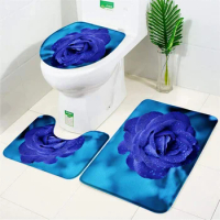 Blue Rose Bathroom Set Floral Pattern Bathroom non-slip Carpet Floor Mat Toilet Seat Mat Super Soft, Super Absorb water