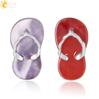 CSJA Natural Stone Slipper Pendants Flip Flop Shoe Fit for DIY Necklace Flat Bead Purple Crystal Red Onyx Pendant Women Men F332