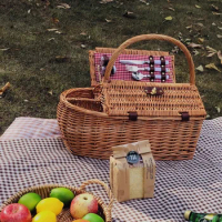Big Rattan Picnic Basket with Tableware Storage Basket Woven Picnic Outdoor Fruit Basket Camping Storage Box Full Set