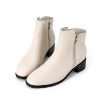 【HERLS】短靴-牛皮雙拉鍊造型橢圓頭粗跟短靴(白色)