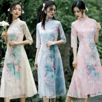 Summer chiffon ao dai elegant dress qipao oriental printing dress qipao vietnam clothing half sleeve cheongsam party dress