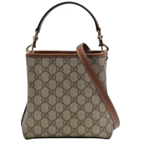 【GUCCI 古馳】GUCCI 經典Emblem系列GG Monogram印花帆布多夾層手提/斜背水桶包(棕色815118-FAD6L-9758)