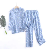 Polka Dot Print Women's Pajama Set Long Sleeve Ladies Spring Autumn Sleepwear 2 Pieces with Pant Pyjamas for Female