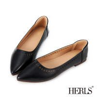 【HERLS】平底鞋-虛線沖孔滾邊尖頭平底鞋(黑色)