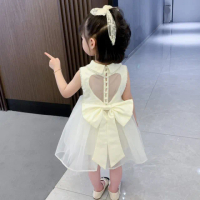 【UniKids】現貨 中大童裝150碼無袖禮服 愛心露背珍珠洋裝公主服 女大童裝 CV愛心露背(乳白)
